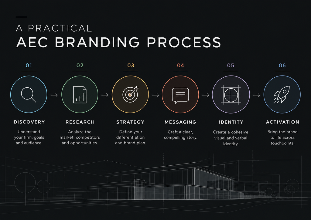 A Practical AEC Branding Process - AEC branding process showing discovery research strategy messaging identity and activation