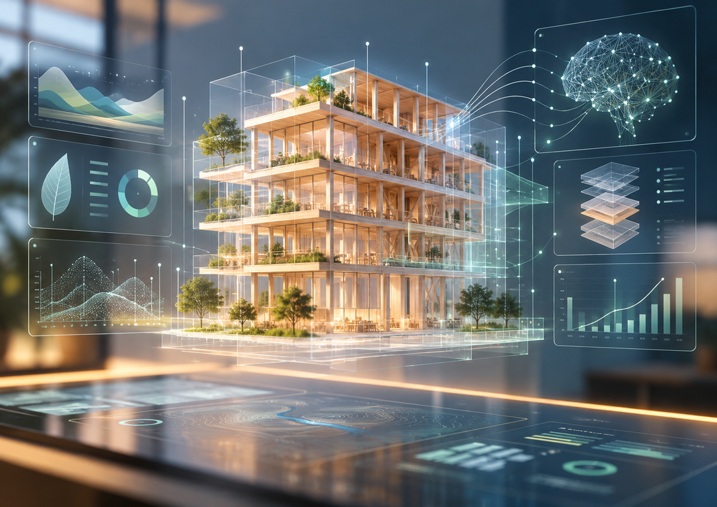 The Rise of AI Discovery Changes the Game Again - Digital building model surrounded by AI data and architectural insights